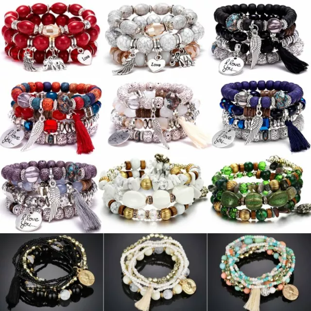 Fashion Multilayer Natural Stone Crystal Tassel Bangle Beaded Bracelet Jewelry 2