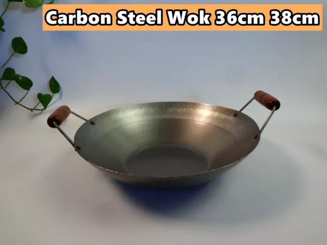 Carbon Steel Chinese Double Wood Handle Wok Fry Stir (Flat Base) 36cm/38cm