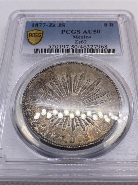 PCGS AU50 1877 ZS JS  Mexico Silver 8 Reals Coin  Zs62 Rare Great Toning #7968