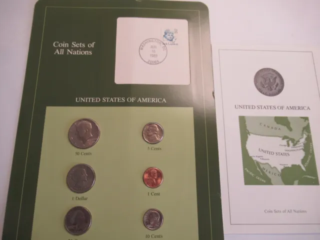 Coins of All Nations Series USA 6 Coin Unc Set,  1989 1st Day Stamp