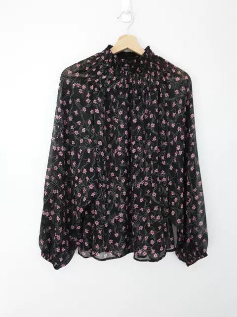 Elizabeth & James Blouse Size L Floral Black Pink Balloon Sleeves Sheer