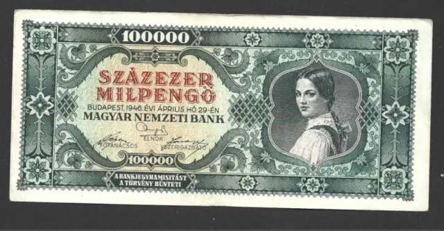 100 000 Milpengo Very Fine Crisp Banknote From  Hungary 1946 Pick-127
