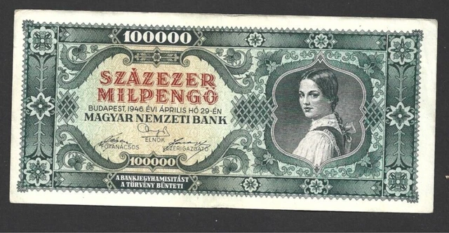 100 000 Milpengo Very Fine Crisp Banknote From  Hungary 1946 Pick-127