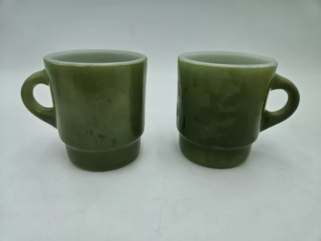 2 Vintage Fire King Anchor Hocking Stacking Glass Green Coffee Mug Cups