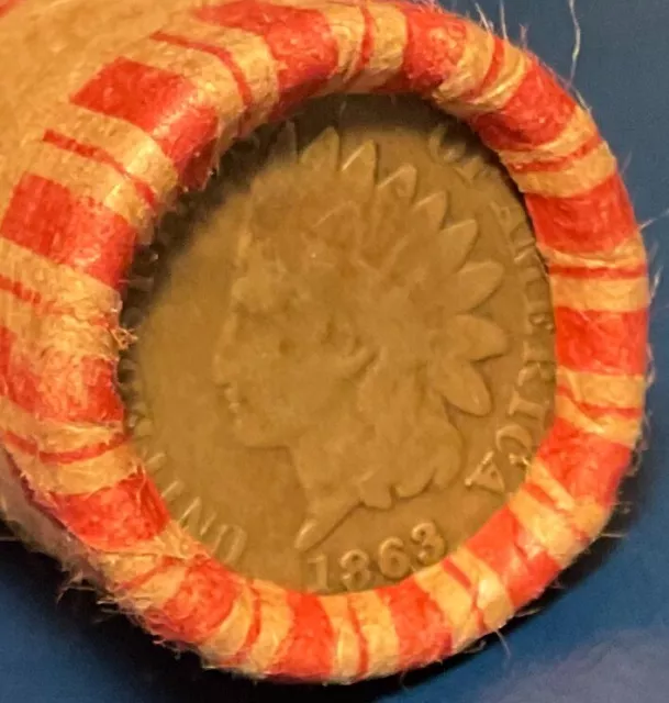 1863 Indian Head Cent is on the end of a 50-coin Mixed Indian / Wheat Roll
