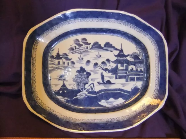 19th Century Large Export Blue & White Porcelain Octagon Plate