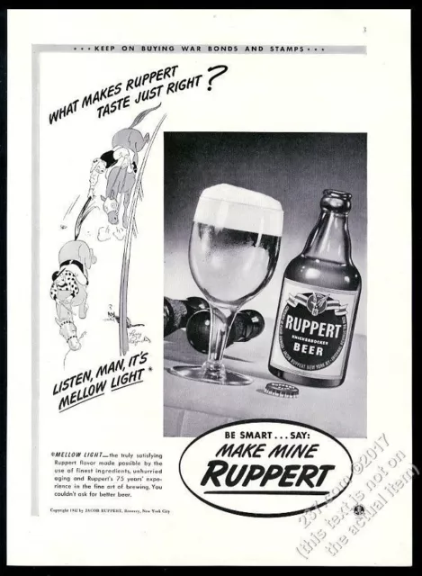 1942 Ruppert Birra Bottiglia Vetro Foto Cavallo Racing Cartoon Vintage Stampa Ad
