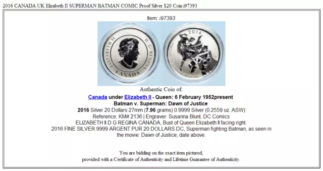 2016 CANADA UK Elizabeth II SUPERMAN BATMAN COMIC Proof Silver $20 Coin i97393 3