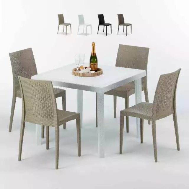 Table Carrée Blanche 90x90cm Avec 4 Chaises Colorées Grand Soleil Set Extérieur