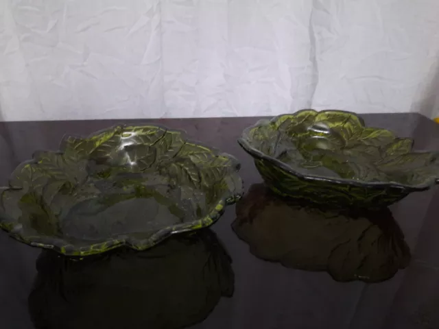 Vintage Pair Indiana Green Glass Loganberry and Leaf Pattern Candy Dish Bowl 7"