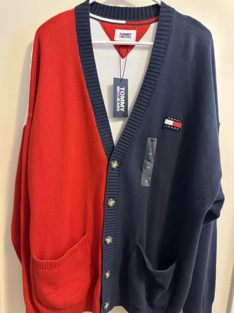 Tommy Jeans Cardigan Sweater Mens size Large Red Blue White Tommy Hilfiger New