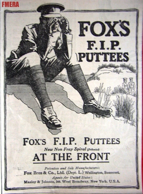 WW1 Fox's F.I.P. PUTTEES 'At the Front' ADVERT #2 : Small Antique 1915 Print AD