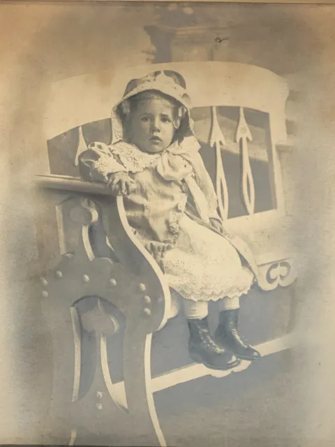 Antique B&W Photograph Of A Victorian Edwardian Child On Bench Period Frame Oak