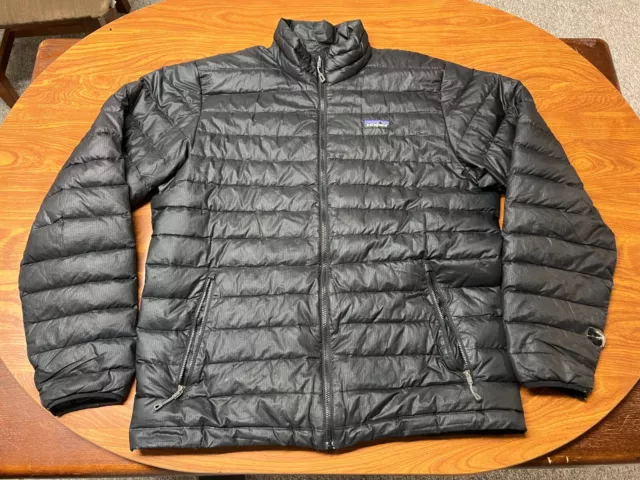 Mens Used Distressed Patagonia Black Full Zip Down Puffer Jacket Size Large