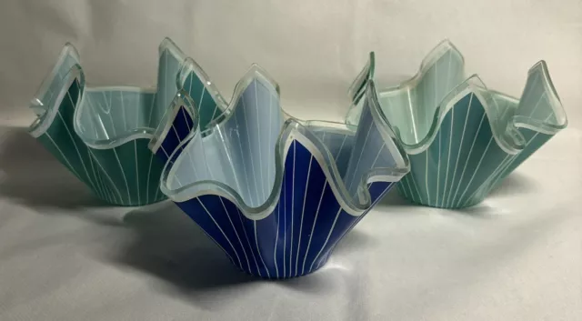 3 Vintage Chance Brothers Green And Blue Glass Handkerchief Vases - Some Wear