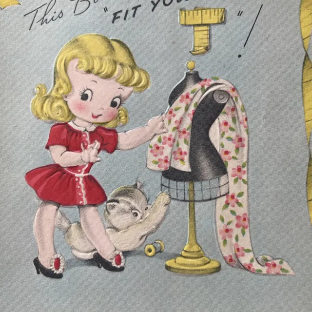 Vtg Birthday Card Girl 40s Art Deco seamstress sewing body form making dress