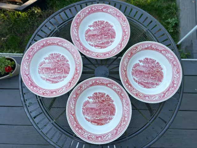 4 Vintage Rim Soup Bowls in MEMORY LANE by Royal China USA with Pink Acorns Rim