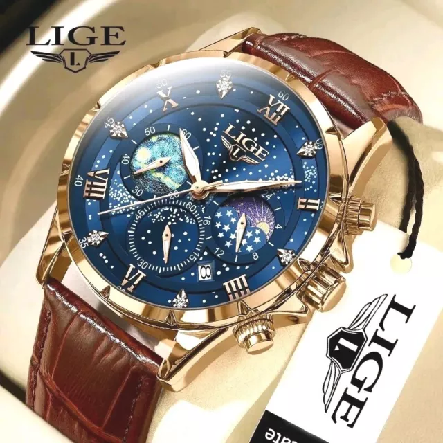 LIGE Herrenuhr Quarz Chronograph Lederarmband Leuchtend Luxus Armbanduhr