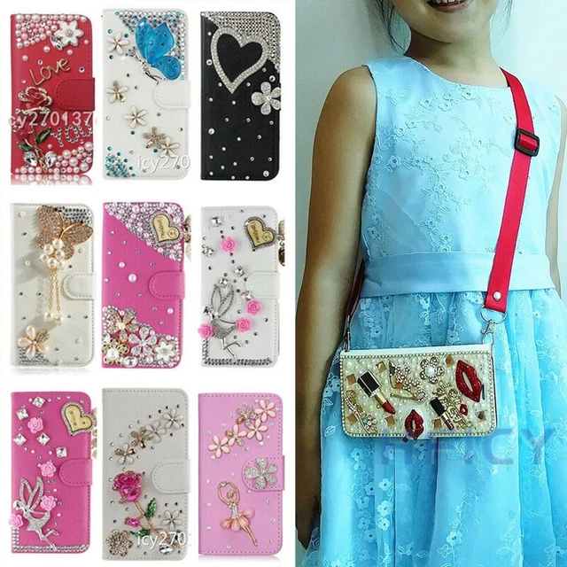 for iPhone 14 Pro Max Case , Bling Leather Wallet Flip Cover + Crossbody Lanyard