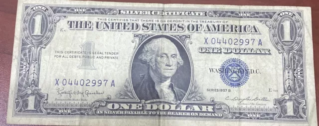 United States Silver Certificate $1 Bill 1957 B Series Decent Condition Blue