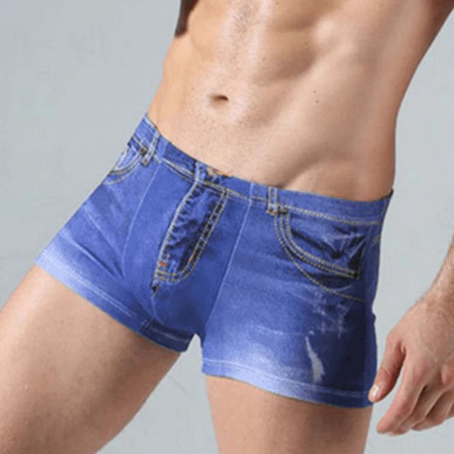 Denim Pattern Fake Jeans Print Cotton Men Boxer Briefs Underwear Underpants