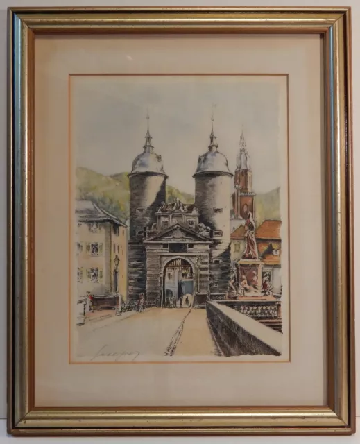 Vintage Etching Aquatint Heidelberg Castle Bridge Signed