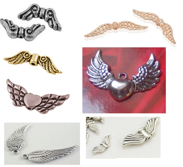 Engelsflügel Metallanhänger Herz mit Flügel Metallperlen silber 34*27 mm