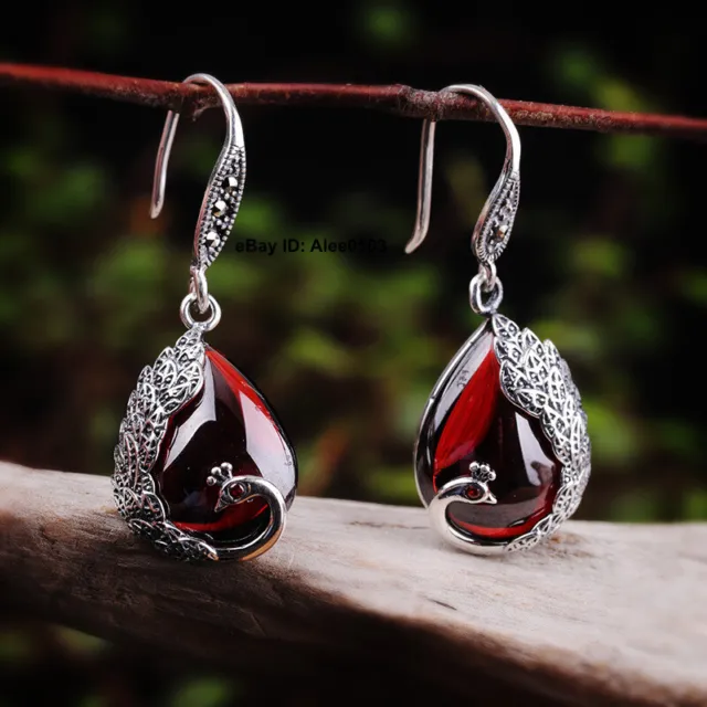 Solid 925 Sterling Silver Peacock Red Chalcedony Dangle Earrings 36mm Length