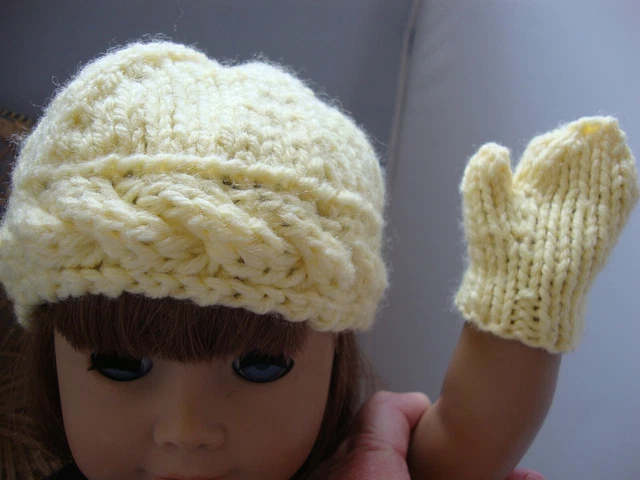 Hand Knit YELLOW HAT with MITTENS Doll Clothes Cable fits doll as American Girl
