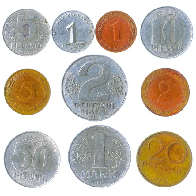 10 Different Coins From East, West, Federal Germany: Pfennig, Mark 1948-2001