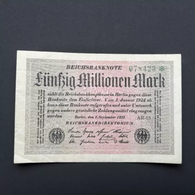 50 MILLIONEN MARK REICHSBANKNOTE 1923 Ro-108f/DEU-123f  - liegende Rauten- VF