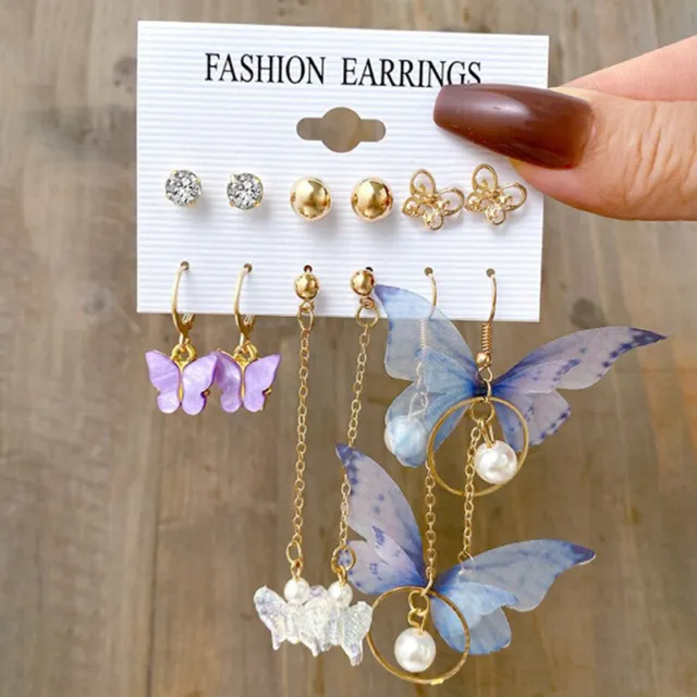 6 Pairs Korean Charm Gold Butterfly Stud Earrings Set For Women Girls Fash#km