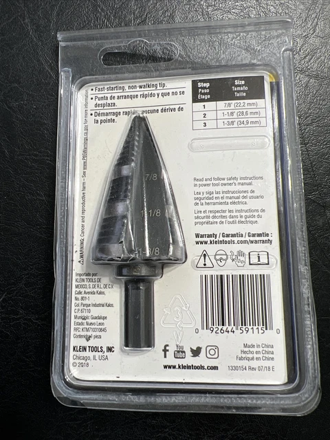 Klein Tools KTSB15 Step Drill Bit #15 3 Hole Sizes: 7/8”, 1-1/8”, 1-3/8” NEW 4