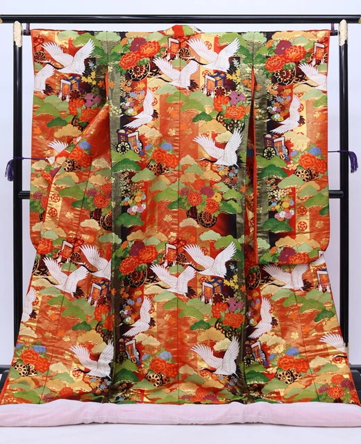 Japanese Wedding Silk Kimono Uchikake Gold Red Embroidery Crane Birds Robe 75in.