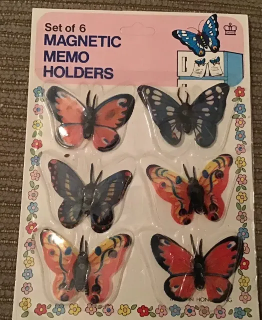 Vintage set of 6 Magnetic Memo Holders Butterfly Deville Hong Kong NIP Crafts