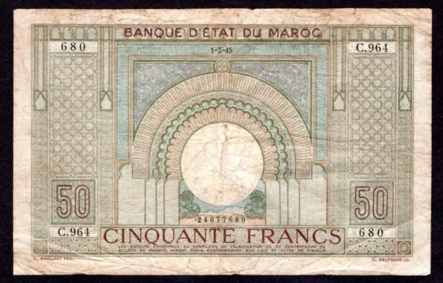 Morocco / Maroc - 50 Francs Note - 1945 - P21 - VF