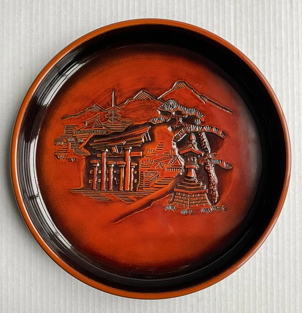 VINTAGE JAPANESE RED Lacquer Ware Serving Tray Pagoda Temple Carved 12