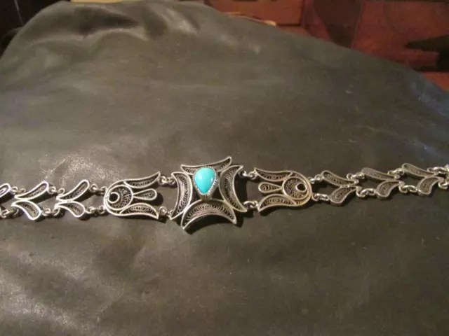 Beautiful Vintage Egyptian Solid Silver & Turquoise Panel Bracelet