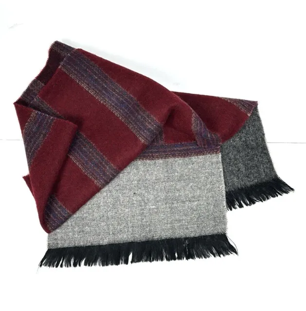 NWT Vintage Men’s Wool Scarf Gray Burgundy Blue Striped made in Uruguay