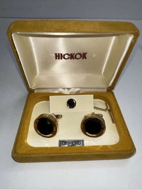 VTG HIckock Cufflinks Tie Tack Chain Set Diamond Cut Gold Tone Round Black