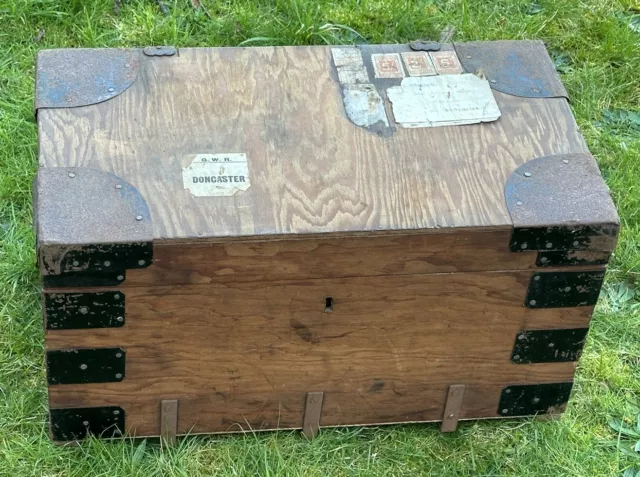 Antique Victorian 1920s Small Steamer Trunk Chest - School Child, Parcel Labels