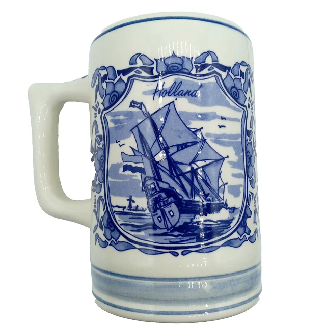 DELFT BLUE HOLLAND Beer Stein Windmill Sail Clipper Ship Dutch Mug Hand