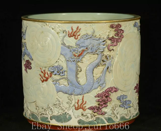 7'' Old Qing Famille Rose Porcelain Gold Dragon Loong Brush Pot pencil Holder