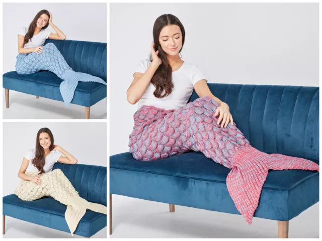 Mermaid Fish Tail Knitted Crocheted Snuggle Warm Cosy Kids Adults Sofa Blanket