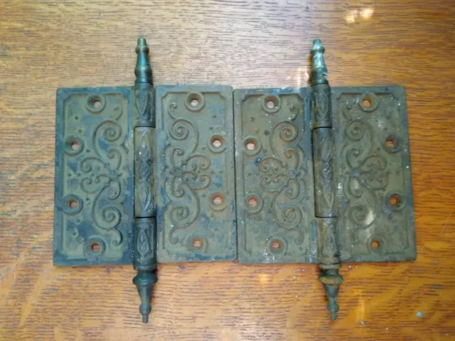 Two Victorian Antique Iron Fancy Steeple-Tipped Door Hinges 5" X 5" Unrestored