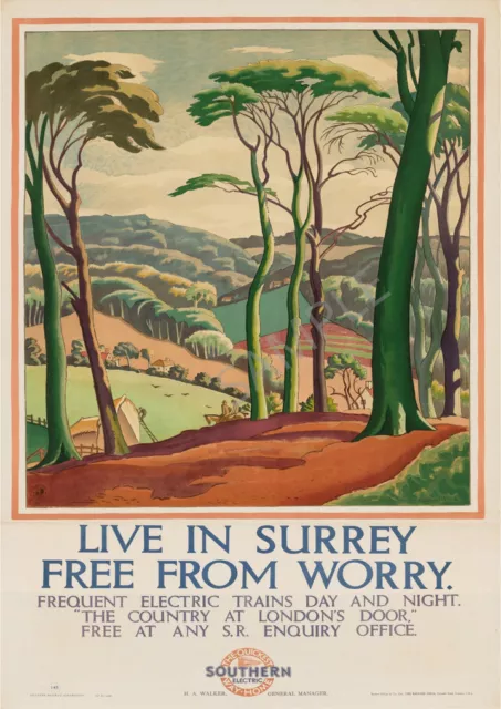 Southern Electric live in Surrey free from worry Vintage Railway Poster  Print