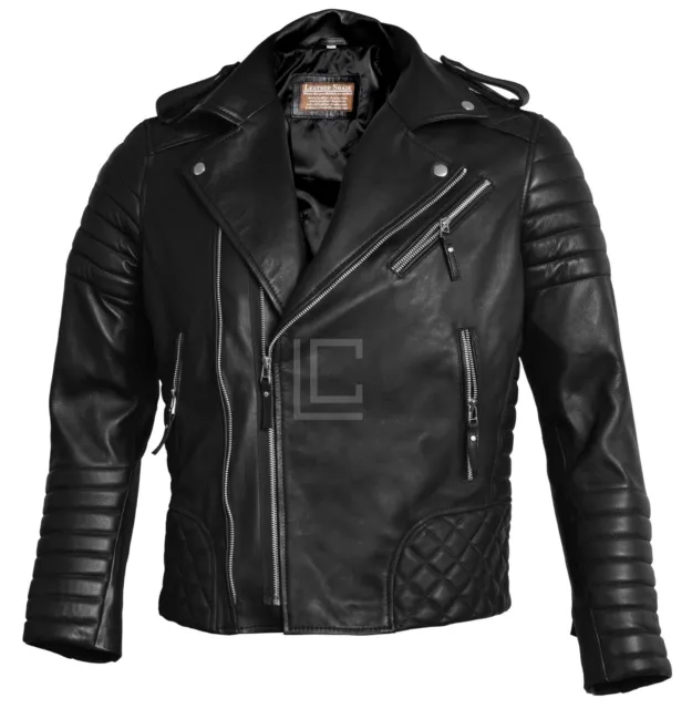 Men Motorcycle Black Biker BRANDO Cafe Racer Retro Genuine Real Leather Jacket