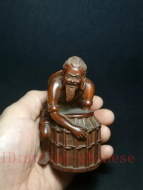 Japanese boxwood hand carved old fisherman Figure statue netsuke collectable 3