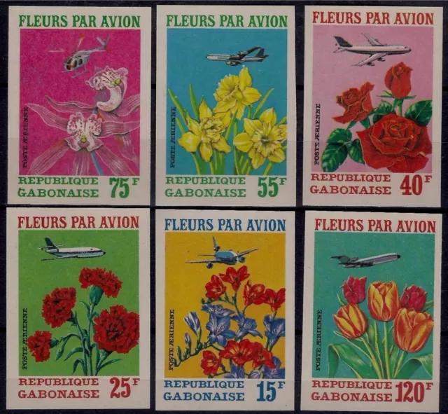 Gabon 1971 Flowers Orchids Roses Carnations Tulips Planes Helicopter Imperf MNH