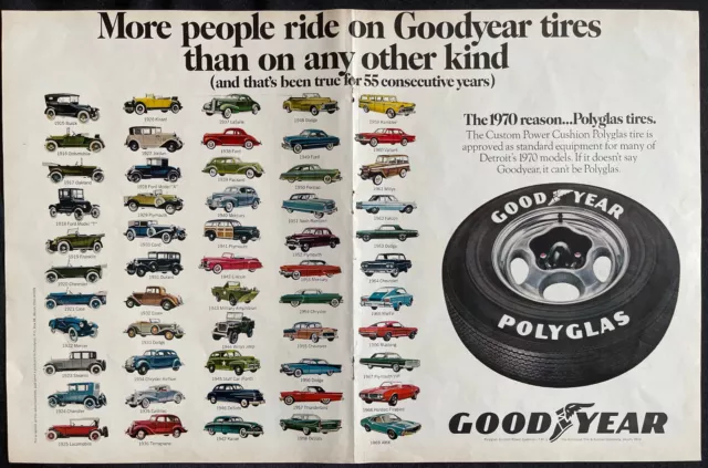 Goodyear PolyGlas Old Cars Autos '15-'69 Double Page 1970 Vintage Print Ad-C1.2